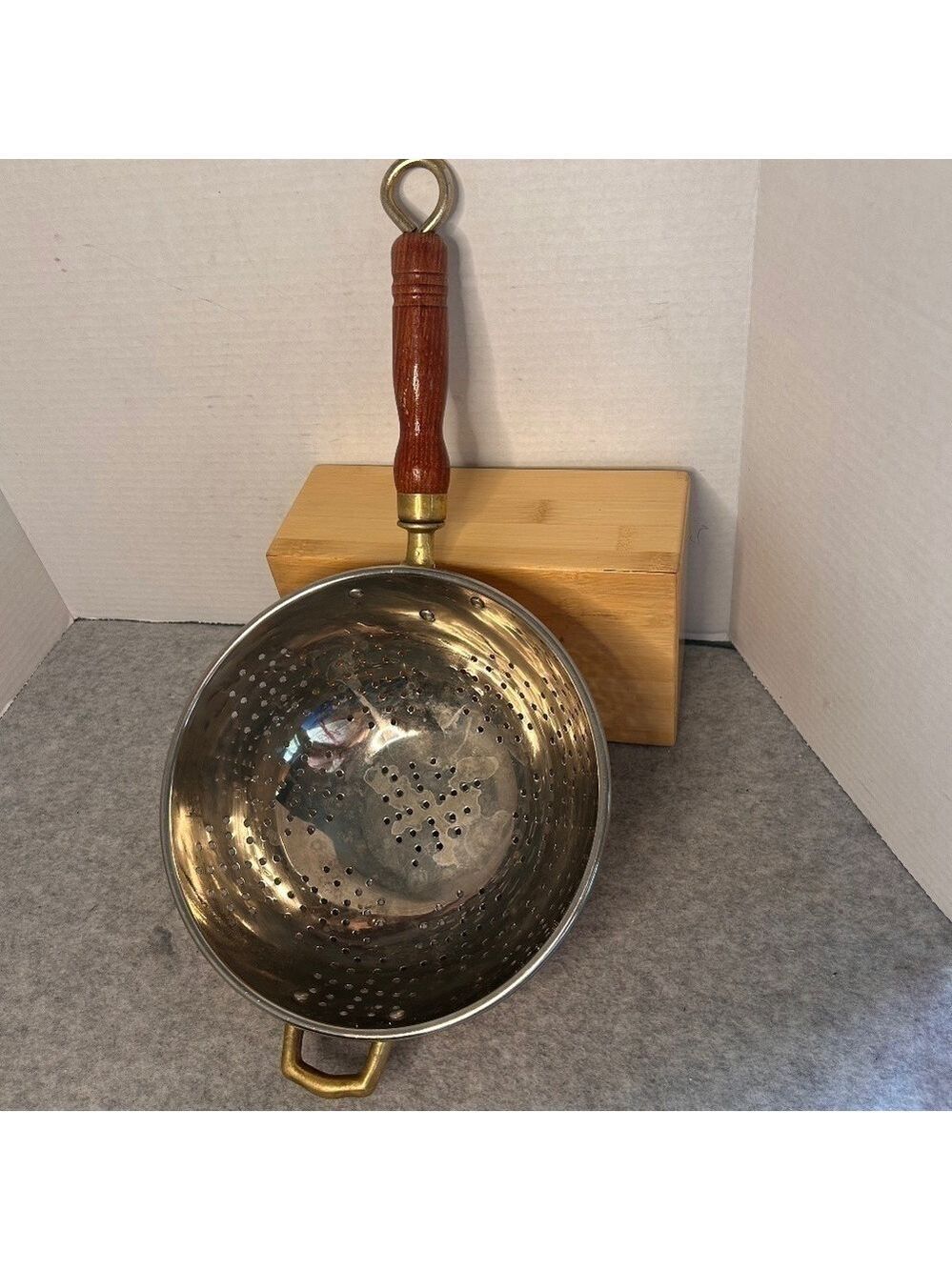 Vintage Copper Brass Strainer With Wooden Handle 17x9x3.5”